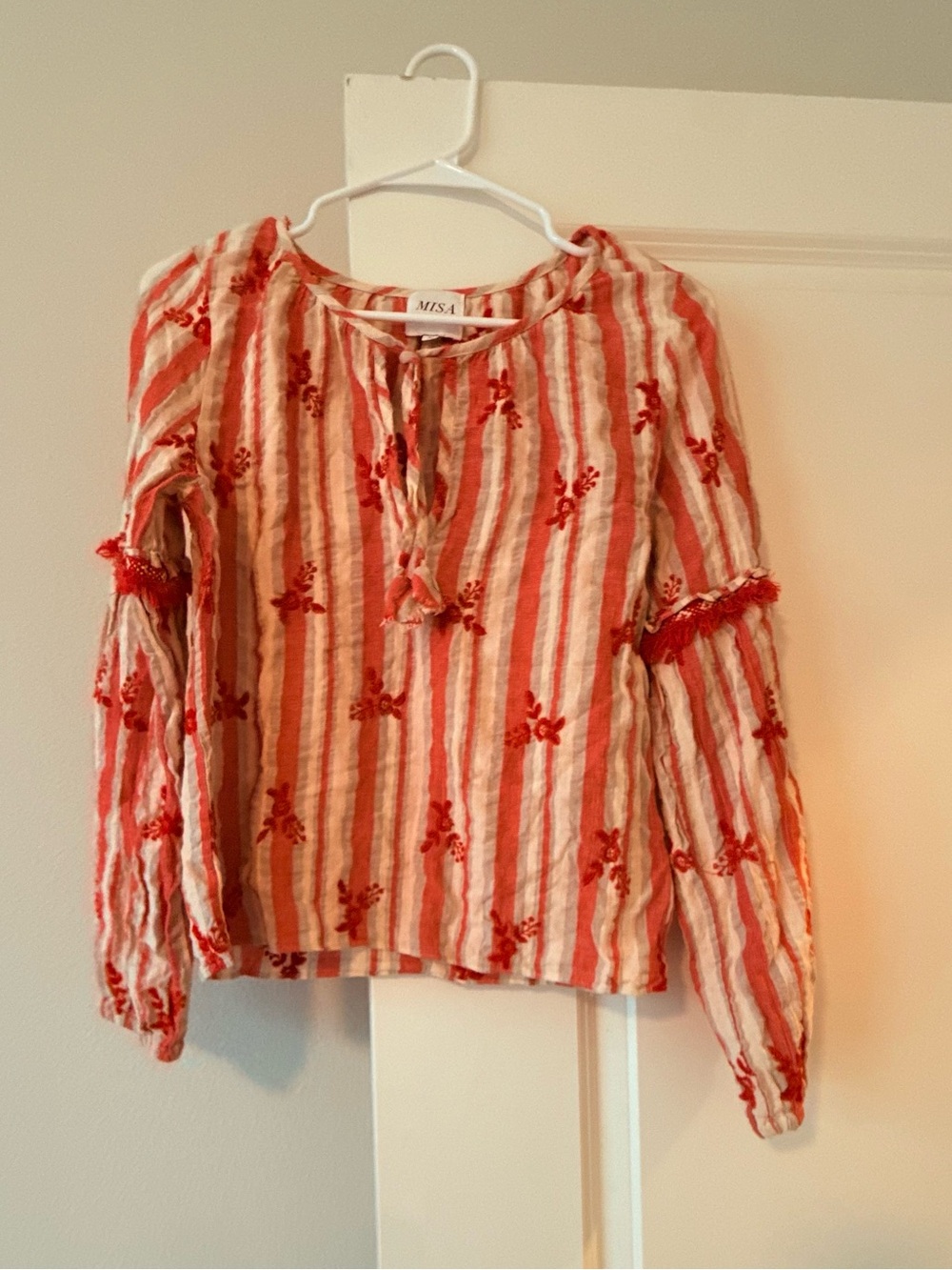 Misa Los Angeles Red & Cream Striped Embroidered Peasant Blouse - Picture 2 of 7